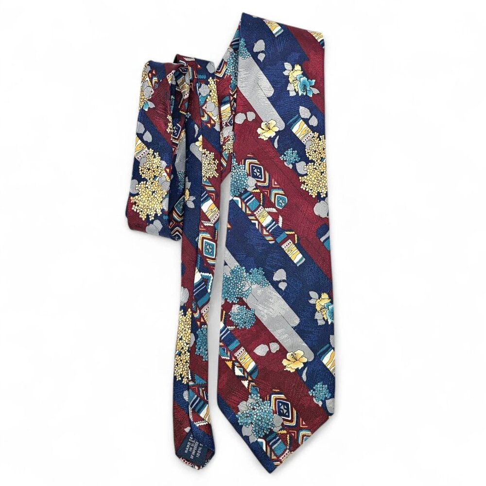Vintage Georgio 100% Silk Tie USA Handmade Floral Geometric Navy Burgundy